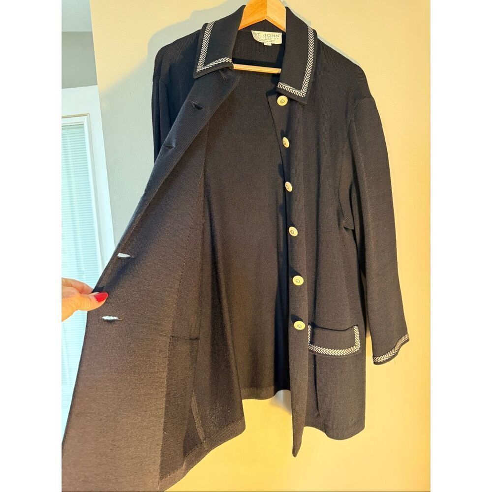 St. John Size L Santana Knit Longline Blazer Jacket Black Old Money Quiet Luxury - Picture 10 of 15